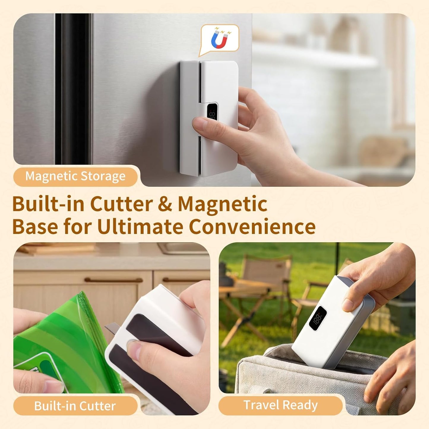 2-in-1 Rechargeable Mini Bag Sealer — LED Display, Magnetic Fridge Mount & Built-in Cutter